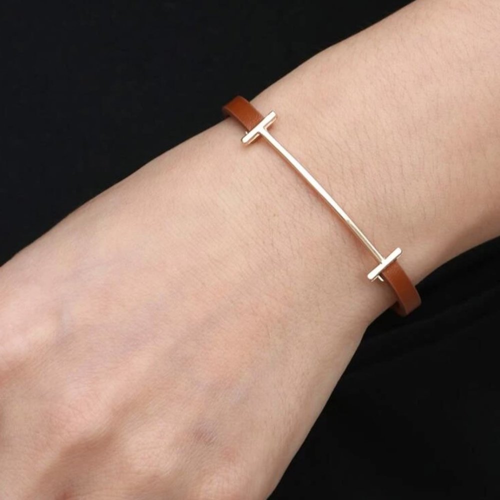 T Smile Bracelet with Cognac Leather Band